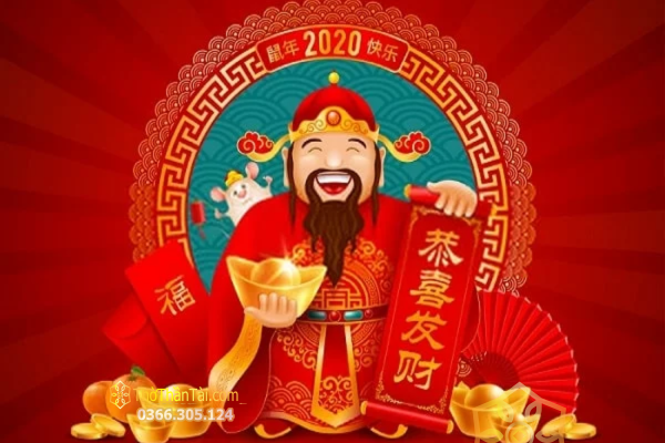 Tranh Thần Tài áo đỏ ôm thỏi vàng bên bao lì xì và quạt giấy đỏ