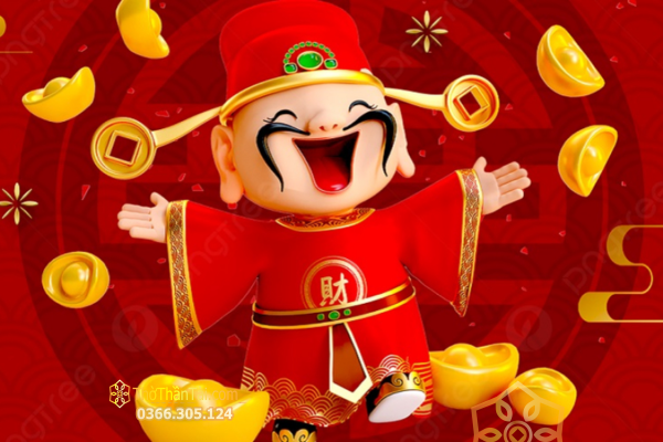 Tranh Thần Tài 3D áo đỏ thêu chữ Tài, xung quanh là thỏi vàng và tiền xu