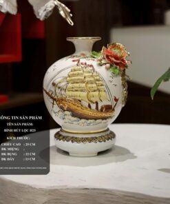 Bình Hút Lộc Thuận Buồm Xuôi Gió Men Trắng Đắp Nổi Vẽ Vàng 24K H25
