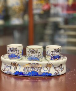 Kỷ/Khay Nước 3 Chén Men Lam Vẽ Vàng 24K