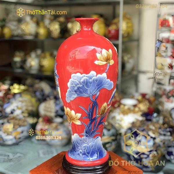 Mai Bình Sen Cá Men Màu Đắp Nổi