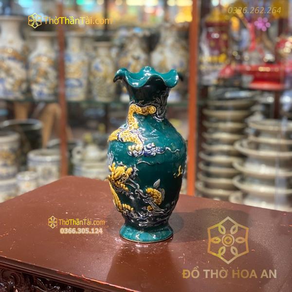 Lọ Hoa Lượn Rồng Đắp Nổi Men Xanh Lục Bảo