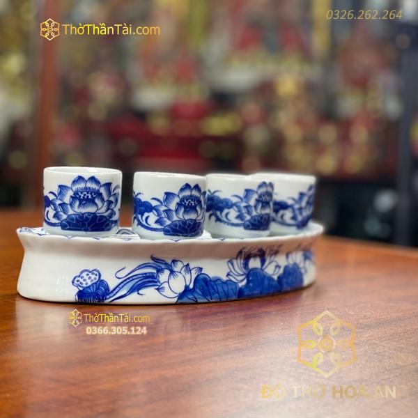 Khay/ Kỷ Nước 5 Chén Hoa Sen Men Lam