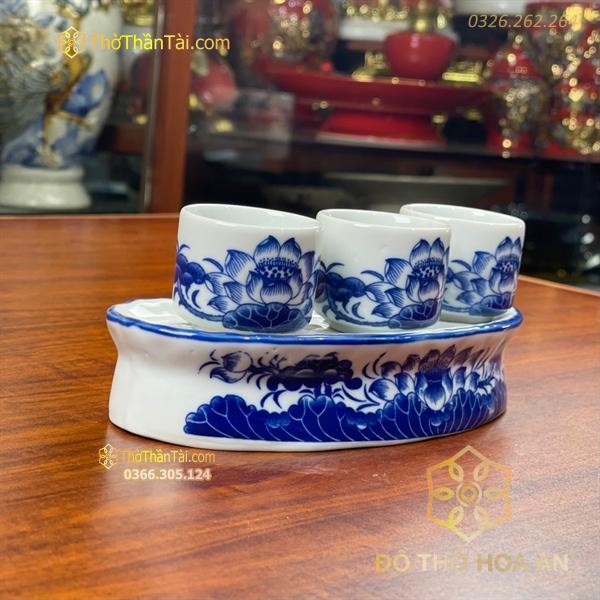 Khay/Kỷ Nước 3 Chén Hoa Sen Men Lam