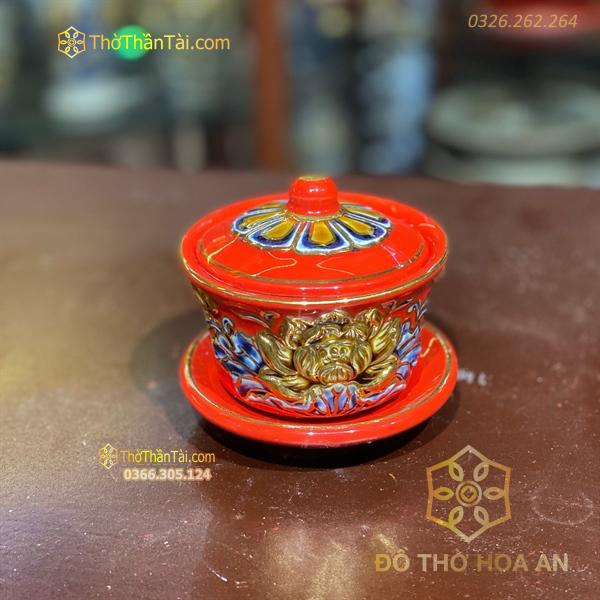 Bát Sâm/ Bát Nước Men Đỏ Vẽ Vàng 24K