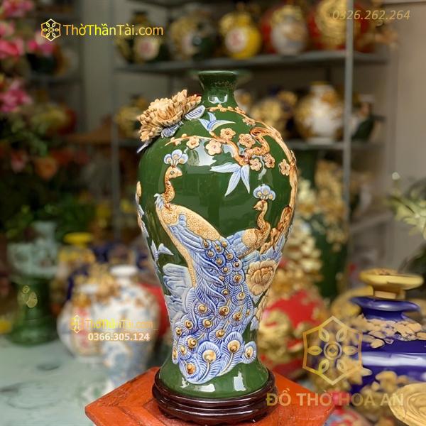 Mai Bình Công Đào Đuôi Thả Men Màu Đắp Nổi