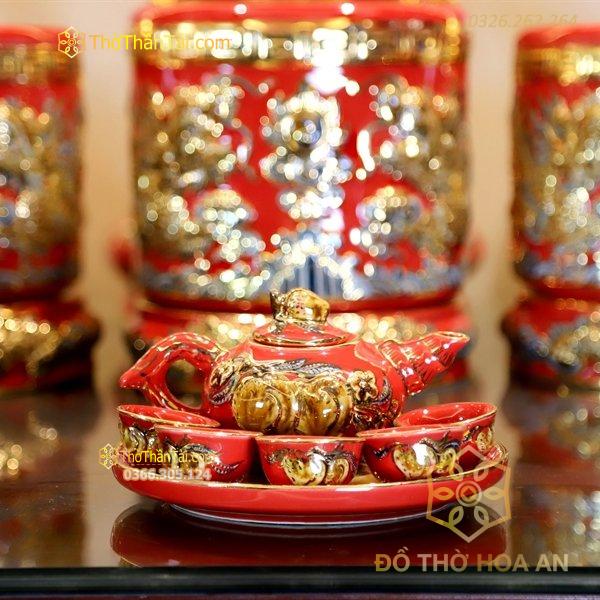 Bộ Ấm Chén Trà Thờ Men Đỏ Vẽ Vàng 24K