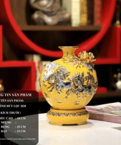 Bình Hút Lộc Mã Đáo Thành Công Men Vàng Đắp Nổi Vẽ Vàng 24K H28