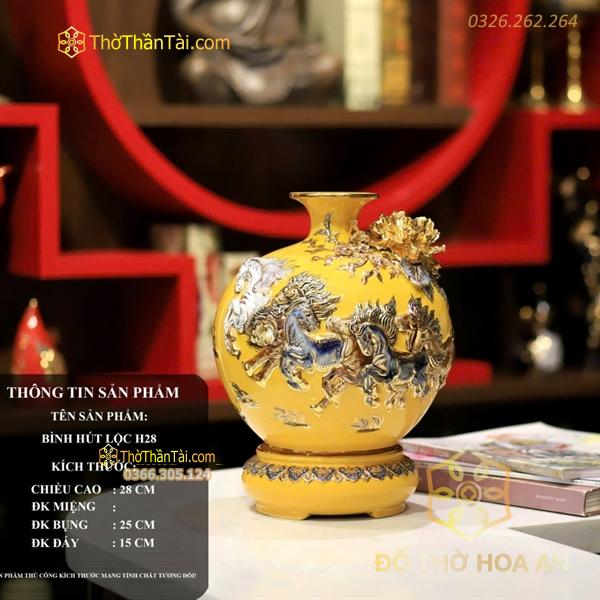 Bình Hút Lộc Mã Đáo Thành Công Men Vàng Đắp Nổi Vẽ Vàng 24K H28