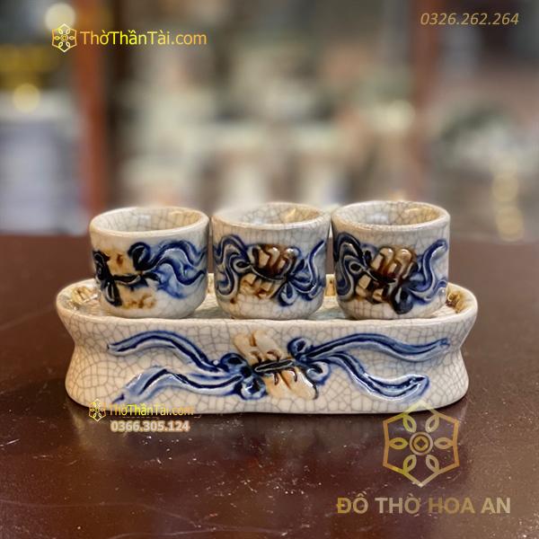 Khay/ Kỷ Nước 3 Chén Men Rạn Đắp Nổi