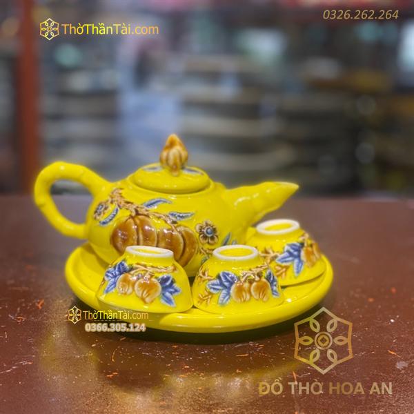 Bộ Ấm Chén Trà Thờ 3 Chén Men Vàng Hoàng Kim Đắp Nổi