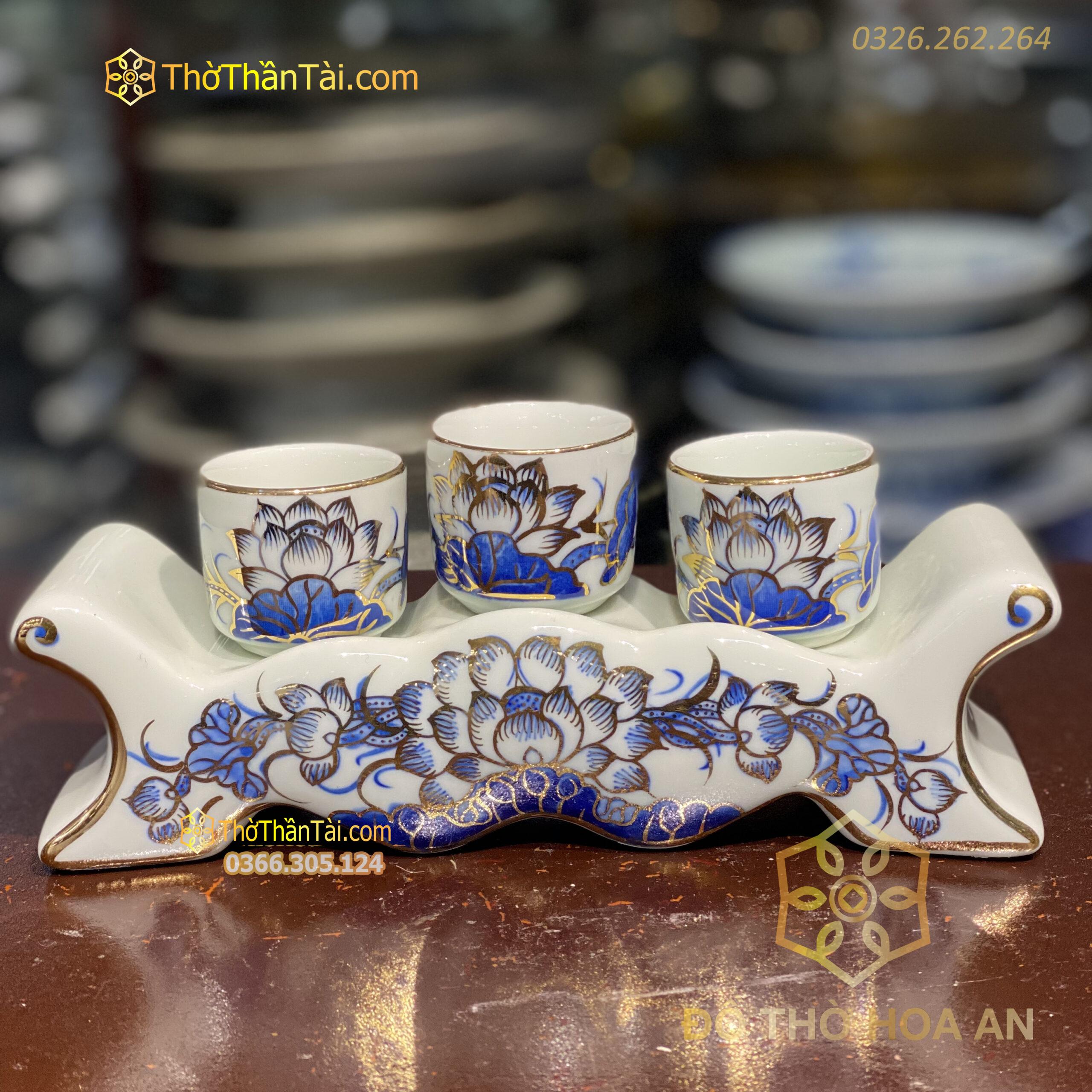 Kỷ Ngai 3 Chén Men Lam Vẽ Vàng 24K