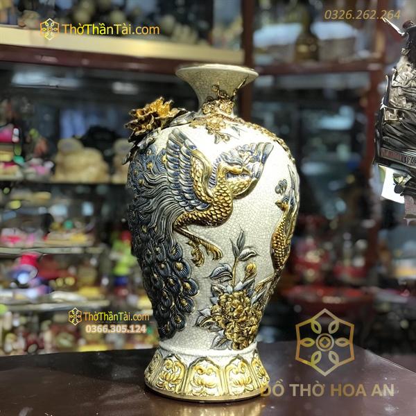 Mai Bình Hút Lộc Công Đào Men Rạn Vẽ Vàng 24K