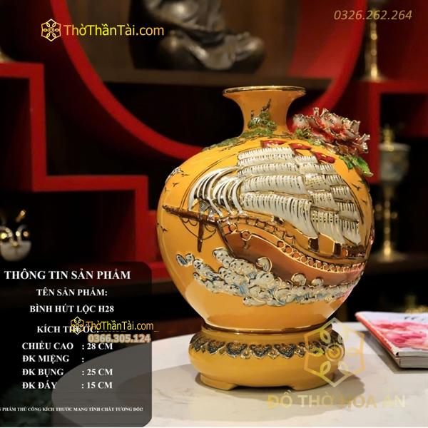 Bình Hút Lộc Thuận Buồm Xuôi Gió Men Vàng Cam Đắp Nổi Vẽ Vàng 24K H28 M1