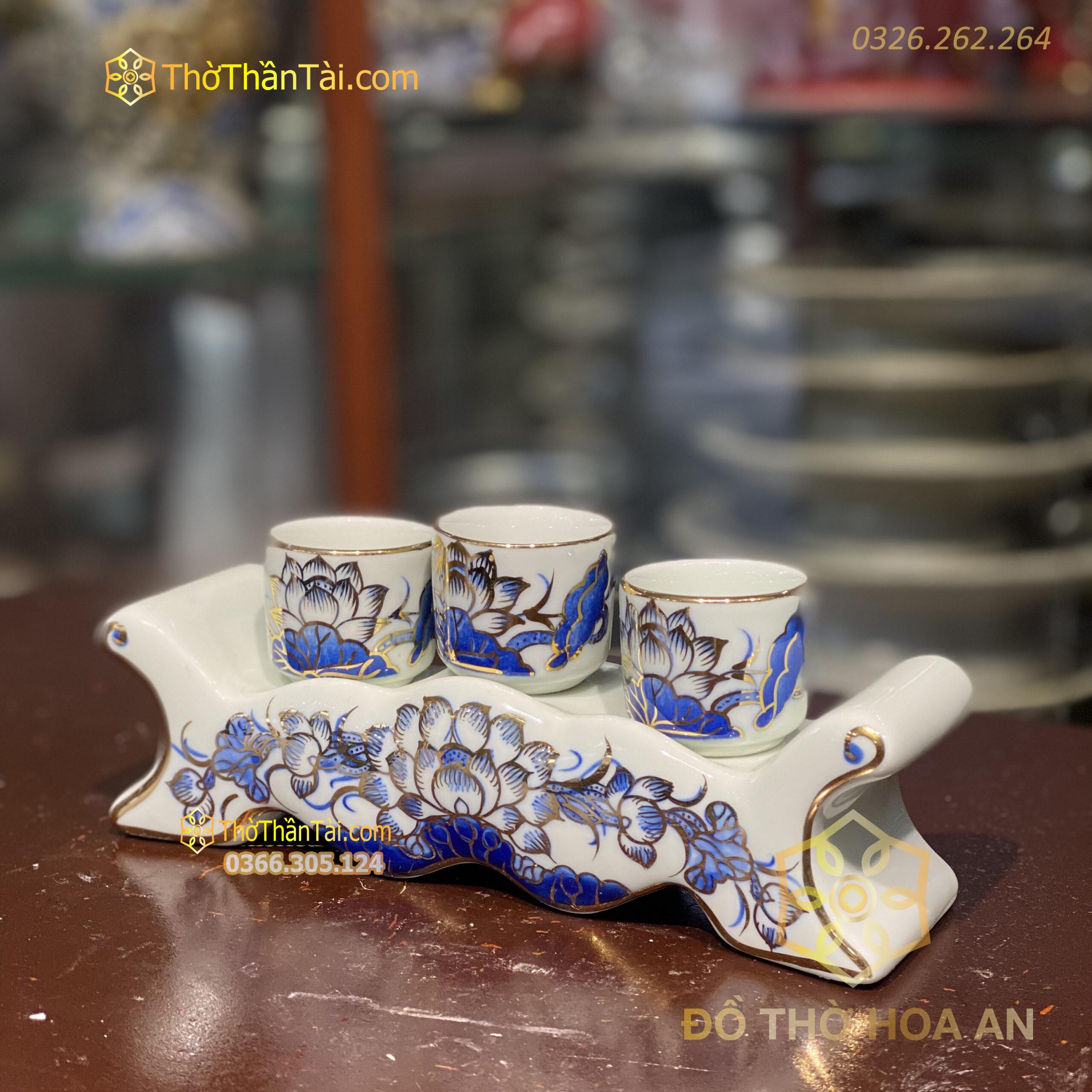 Kỷ Ngai 3 Chén Men Lam Vẽ Vàng 24K