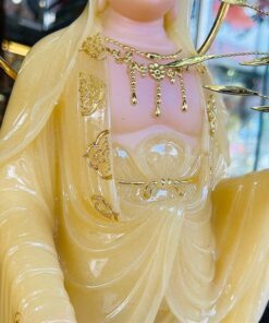 Tượng Phật Bà Quan Thế Âm Bột Đá Vàng Đứng Trên Đài Sen