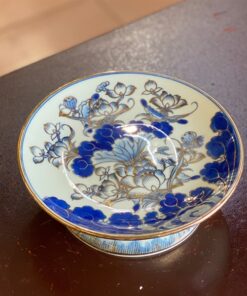 Mâm Bồng Thờ Chân Cao Men Lam Vẽ Vàng 24K