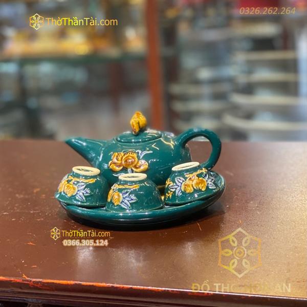 Bộ Ấm Chén Trà Thờ 3 Chén Men Xanh Lục Bảo Đắp Nổi