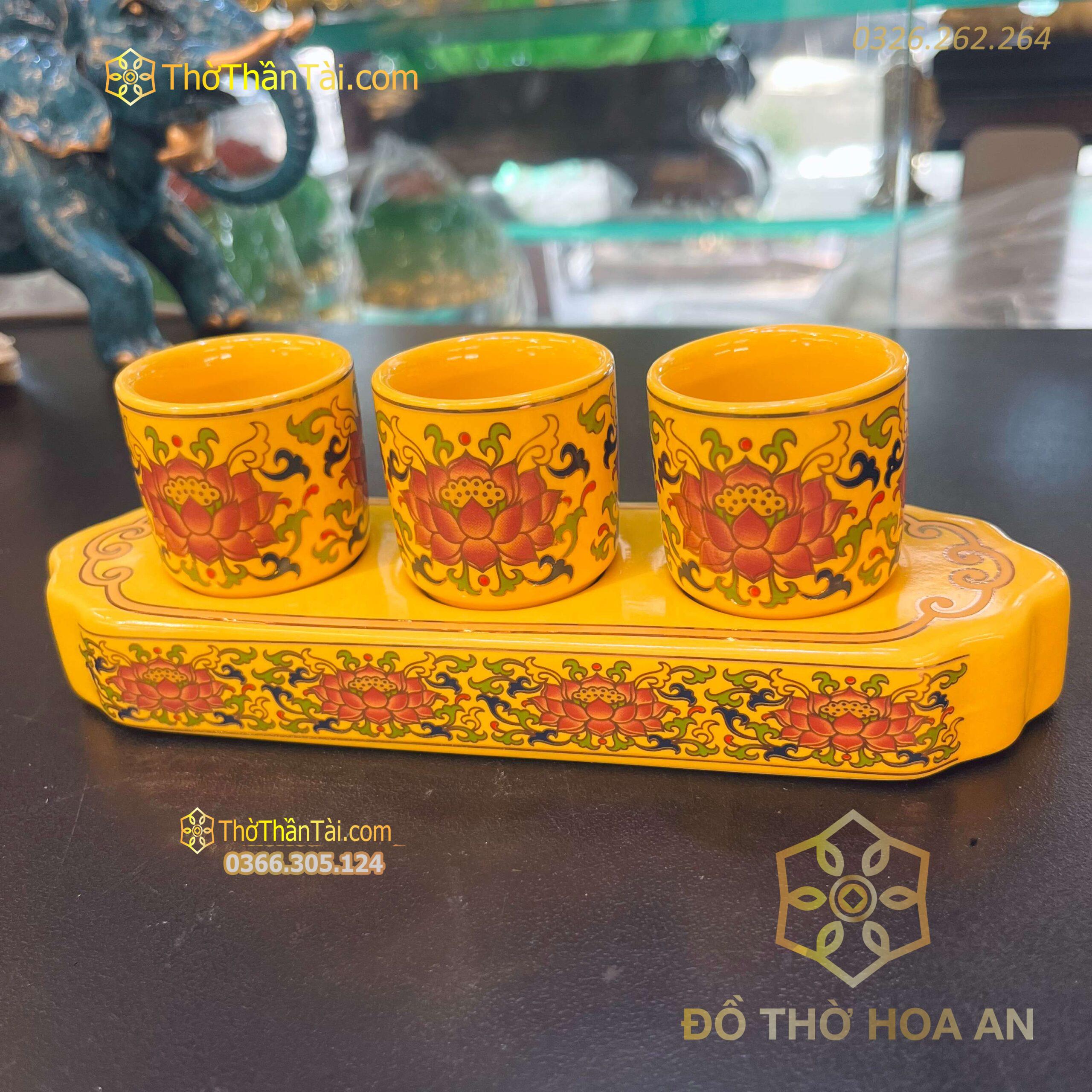 Khay Nước 3 Chén Gấm Vàng