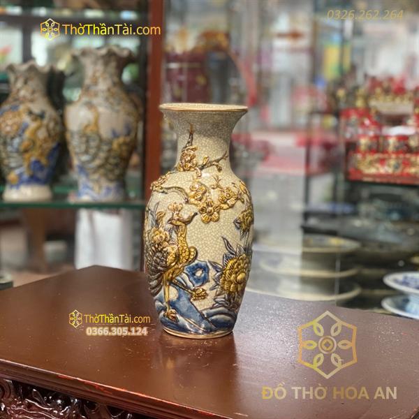 Lọ Hoa Lục Bình Công Danh Phú Quý Men Rạn Vẽ Vàng 24K
