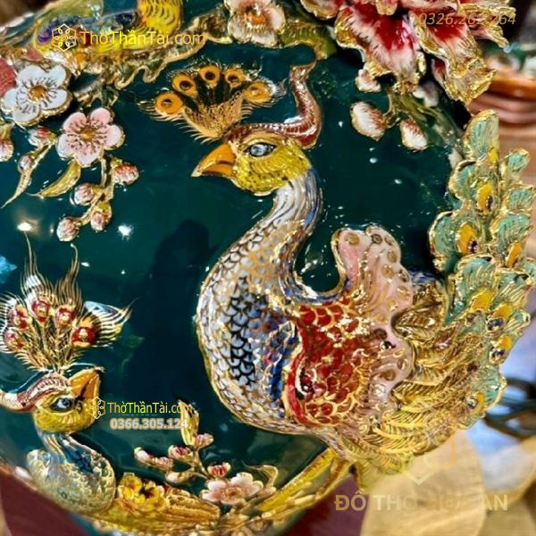 Bình Hút Lộc Công Đào Men Xanh Lá Đắp Nổi Vẽ Vàng 24K H25