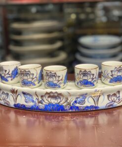Kỷ/Khay Nước 5 Chén Men Lam Vẽ Vàng 24K