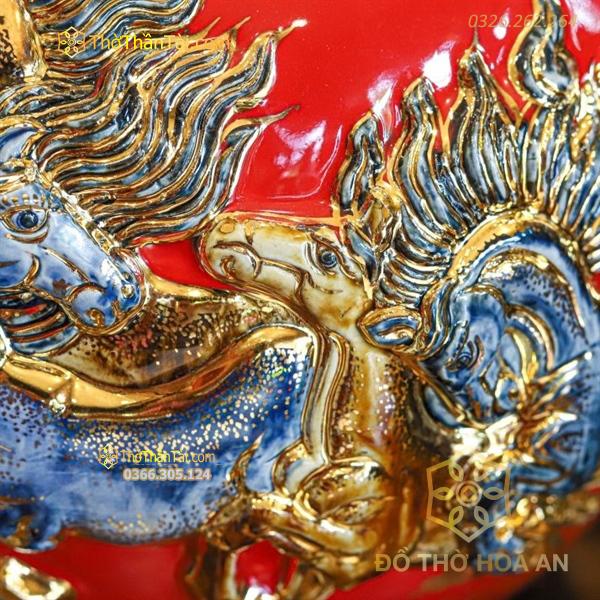 Bình Hút Lộc Mã Đáo Thành Công Men Đỏ Đắp Nổi Vẽ Vàng 24K H20