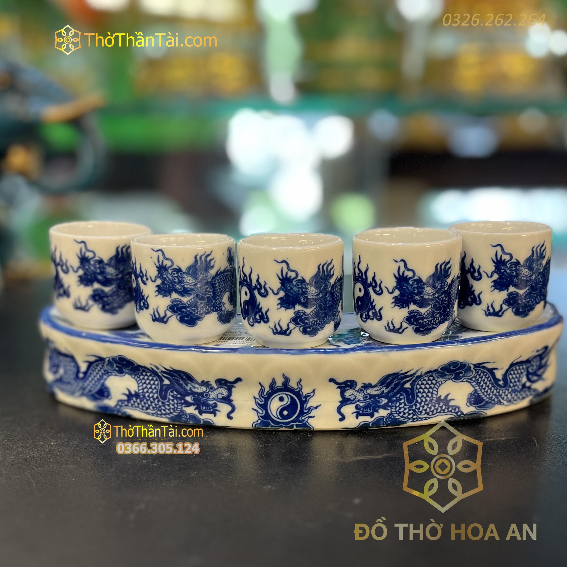Khay/Kỷ nước Bát Tràng Rồng 5 Chén Men Lam
