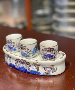 Kỷ/Khay Nước 3 Chén Men Lam Vẽ Vàng 24K