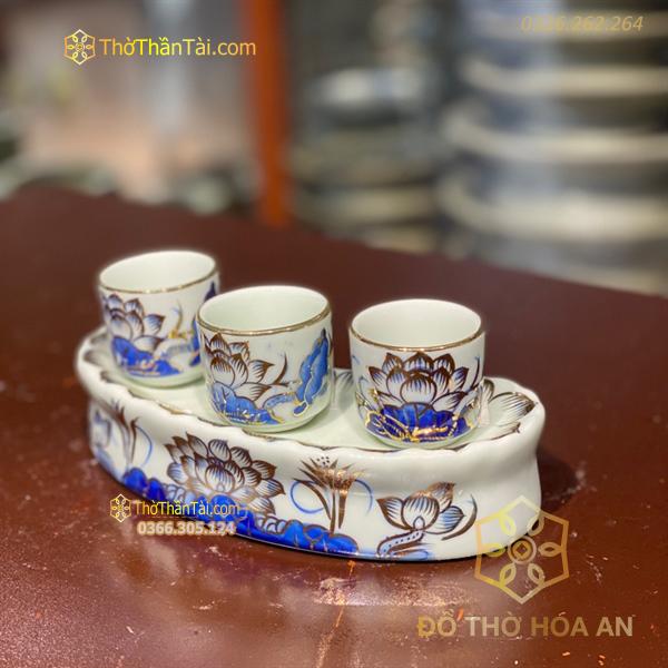 Kỷ/Khay Nước 3 Chén Men Lam Vẽ Vàng 24K