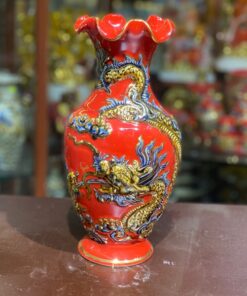 Lọ Hoa Men Đỏ Rồng Lượn Vẽ Vàng 24K
