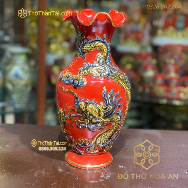 Lọ Hoa Men Đỏ Rồng Lượn Vẽ Vàng 24K