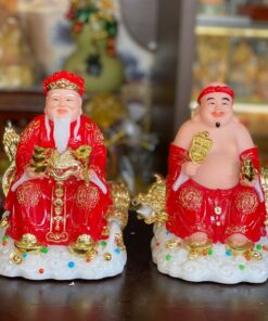 Tượng Thần Tài Thổ Địa Bột Đá Đỏ Ngồi Ngai Rồng
