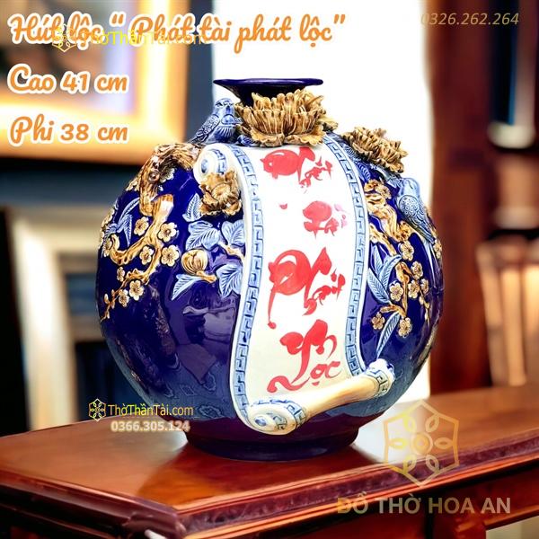 Bình Hút Lộc Cuốn Thư Phát Tài Phát Lộc Men Màu Đắp Nổi