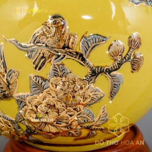Bình Hút Lộc Công Đào Men Vàng Đắp Nổi Vẽ Vàng 24K H28