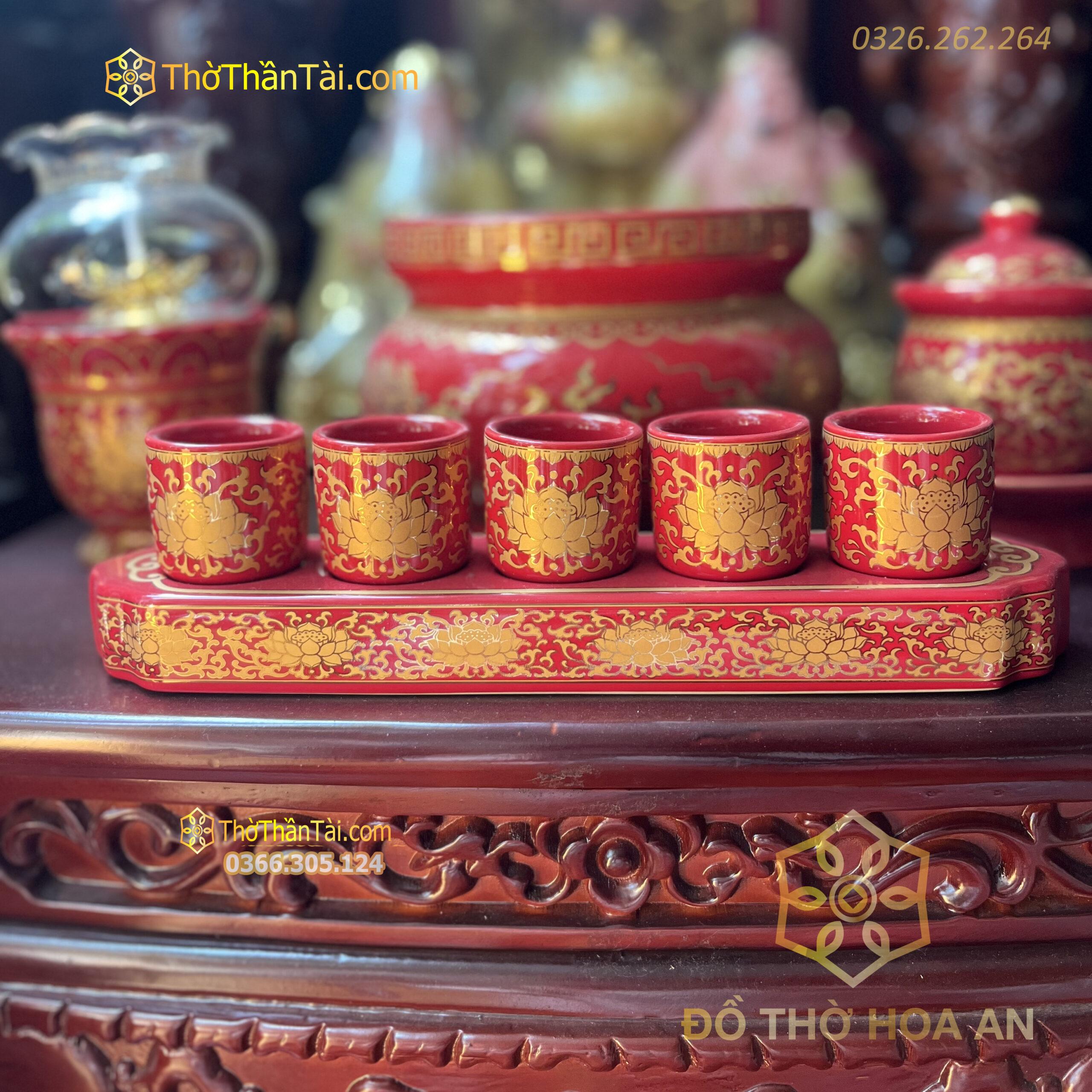Khay Nước 5 Chén Sứ Gấm Đỏ