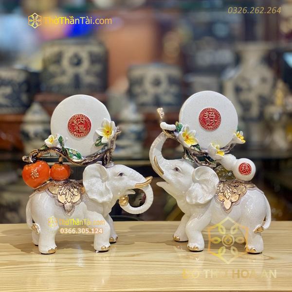 Cặp Voi May Mắn Tài Lộc Màu Trắng Ngà