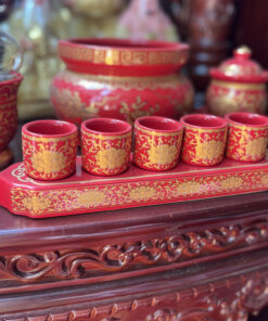 Khay Nước 5 Chén Sứ Gấm Đỏ