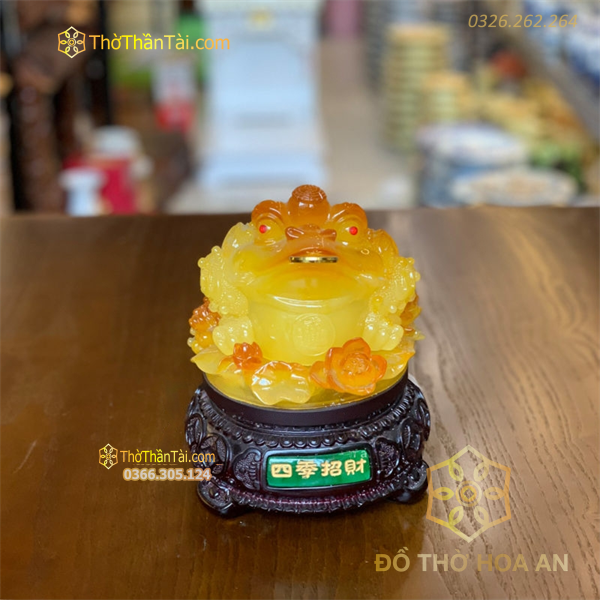 Cóc Thiềm Thừ Tọa Hoa Phong Thuỷ Xoay Đế Gỗ Vàng Mật Ong