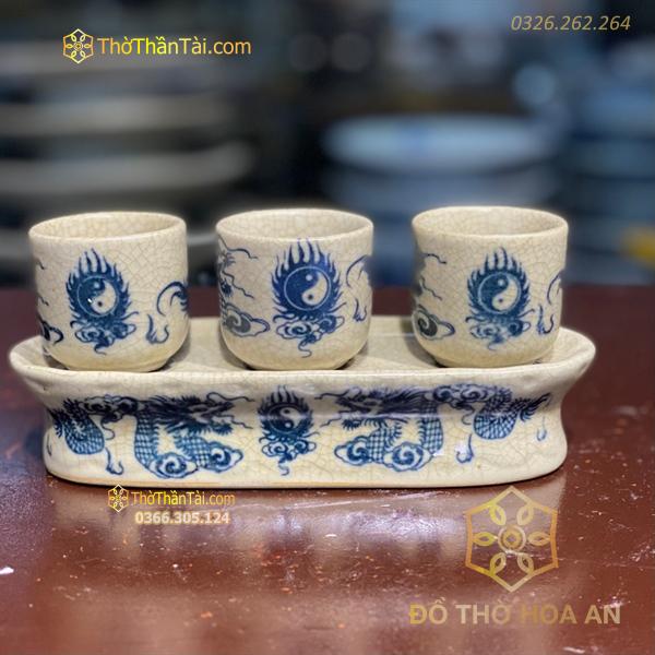 Kỷ/ Khay Nước 3 Chén Men Rạn Vẽ