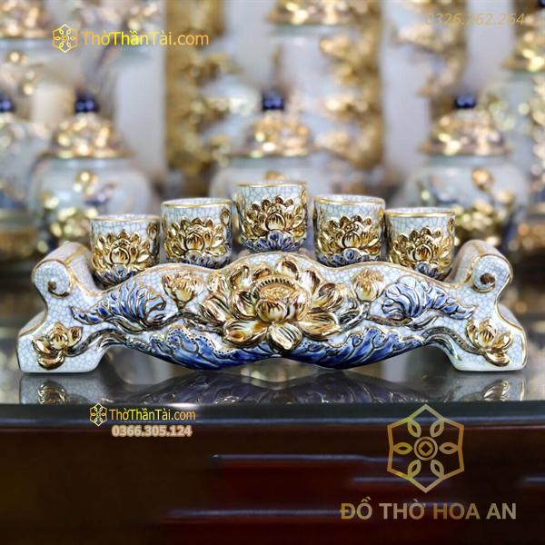 Kỷ/ Khay Nước 5 Chén Men Rạn Vẽ Vàng 24K