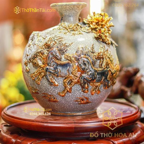 Bình Hút Lộc Mã Đáo Thành Công Men Rạn Đắp Nổi Vẽ Vàng 24K H20