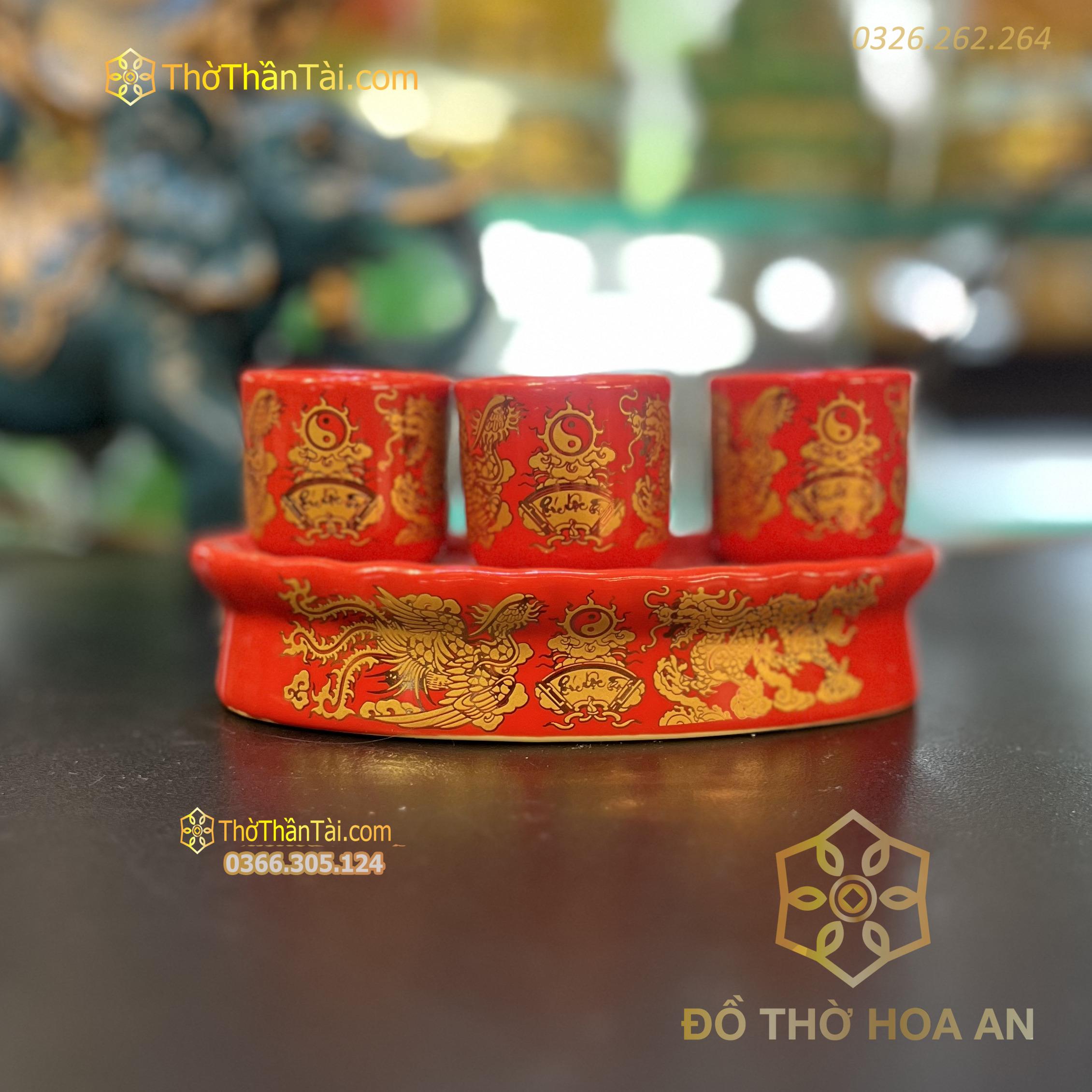 Kỷ / Khay 3 Chén Sứ Men Đỏ Bát Tràng