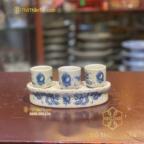 Kỷ/ Khay Nước 3 Chén Men Rạn Vẽ