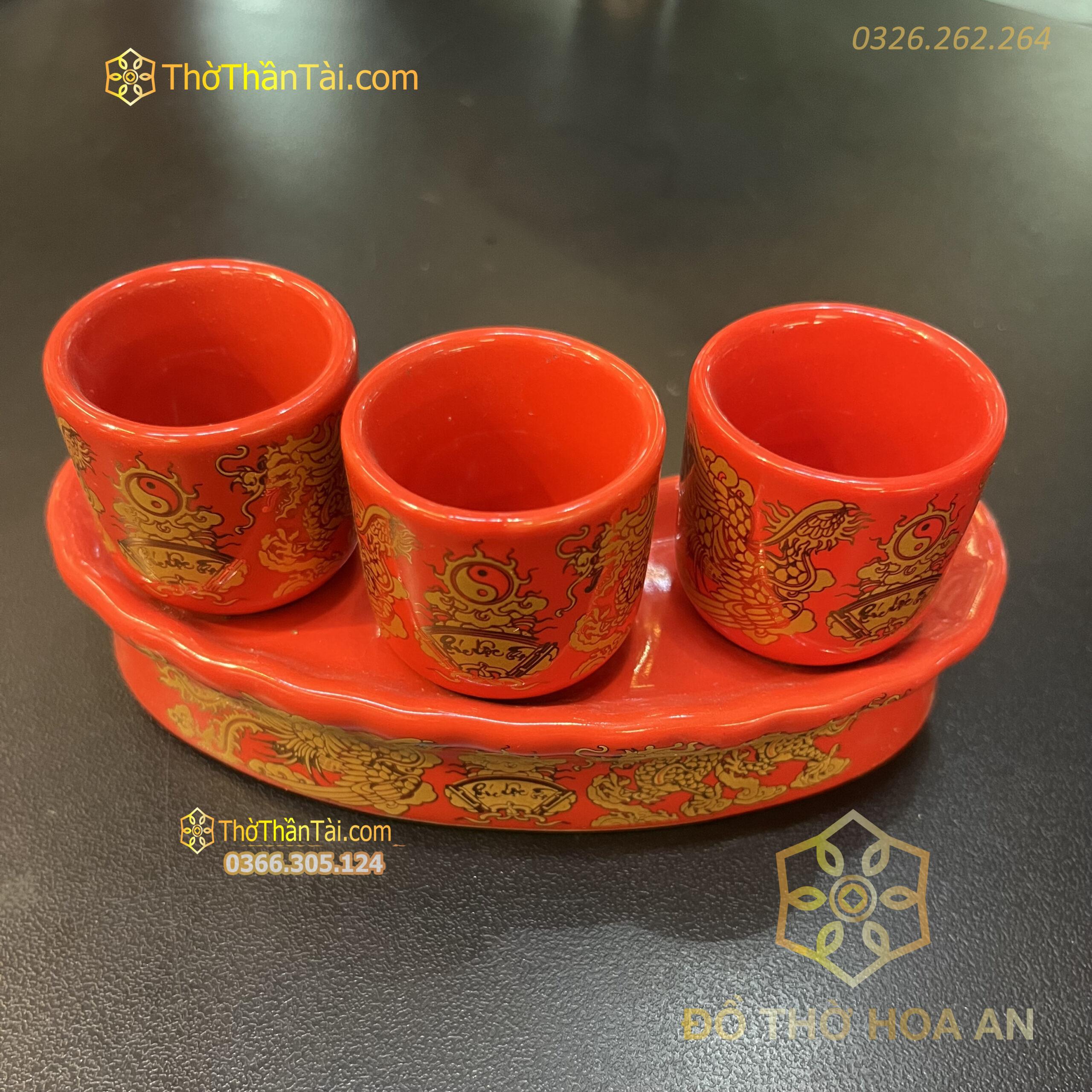 Kỷ / Khay 3 Chén Sứ Men Đỏ Bát Tràng