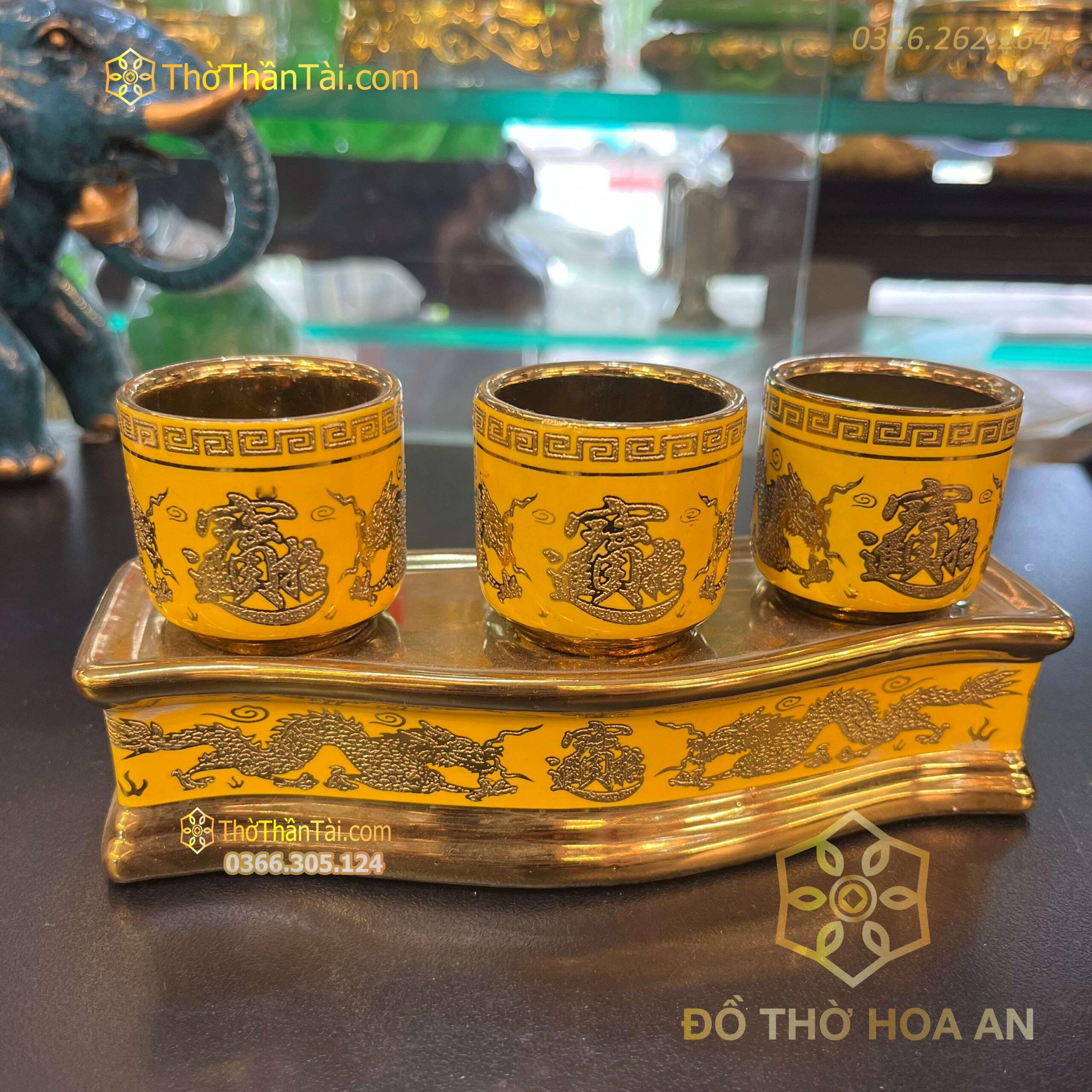 Khay Nước 3 Chén Men Vàng Kim Sa