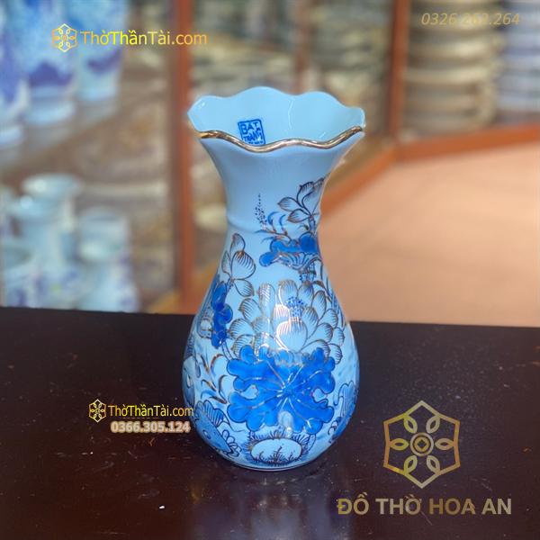 Lọ Hoa Miệng Loe Men Lam Vẽ Vàng 24K