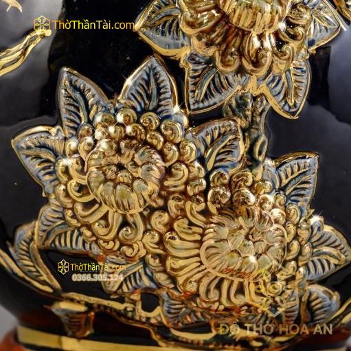 Bình Hút Lộc Thuận Buồm Xuôi Gió Men Đen Đắp Nổi Vẽ Vàng 24K H28