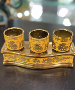 Khay Nước 3 Chén Men Vàng Kim Sa