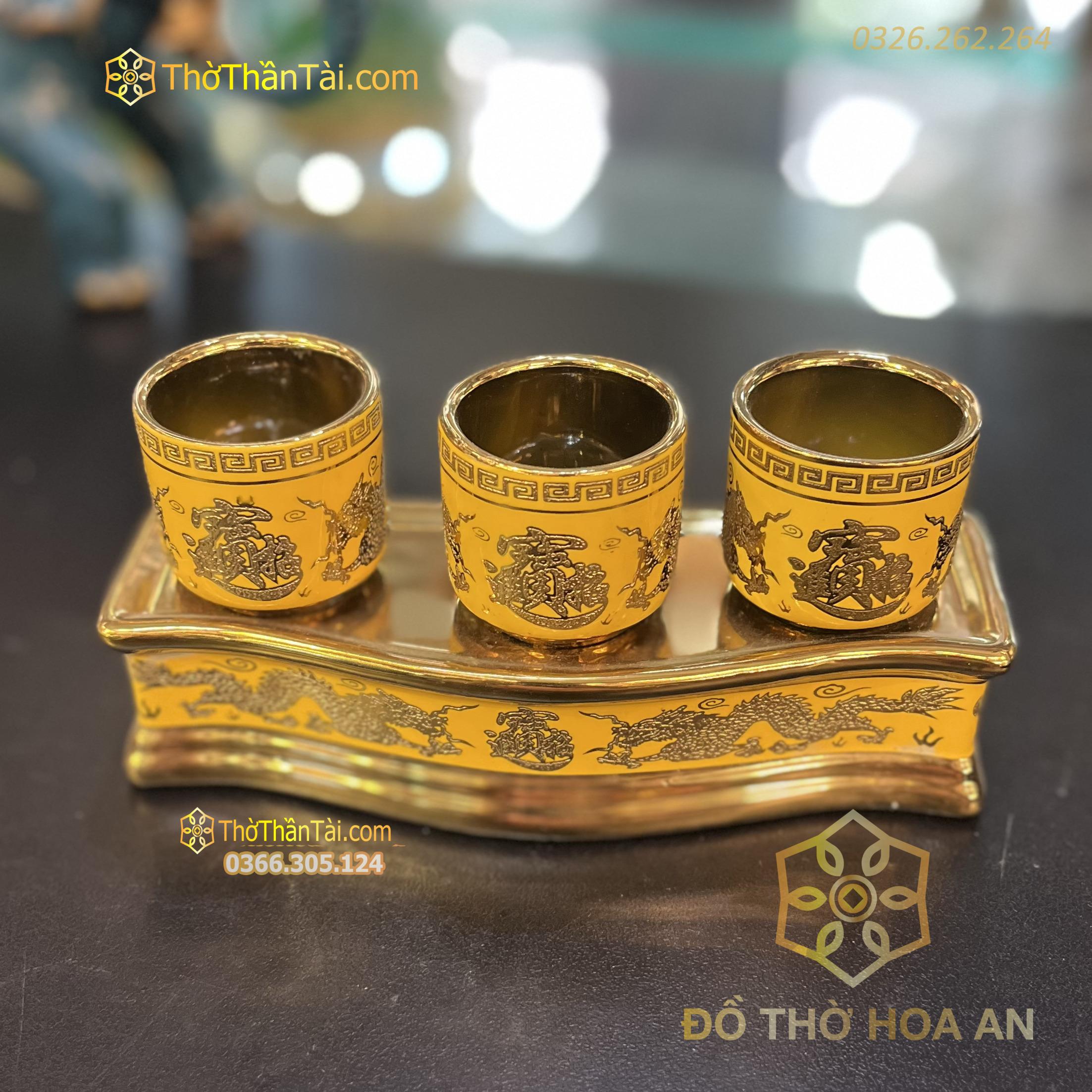 Khay Nước 3 Chén Men Vàng Kim Sa